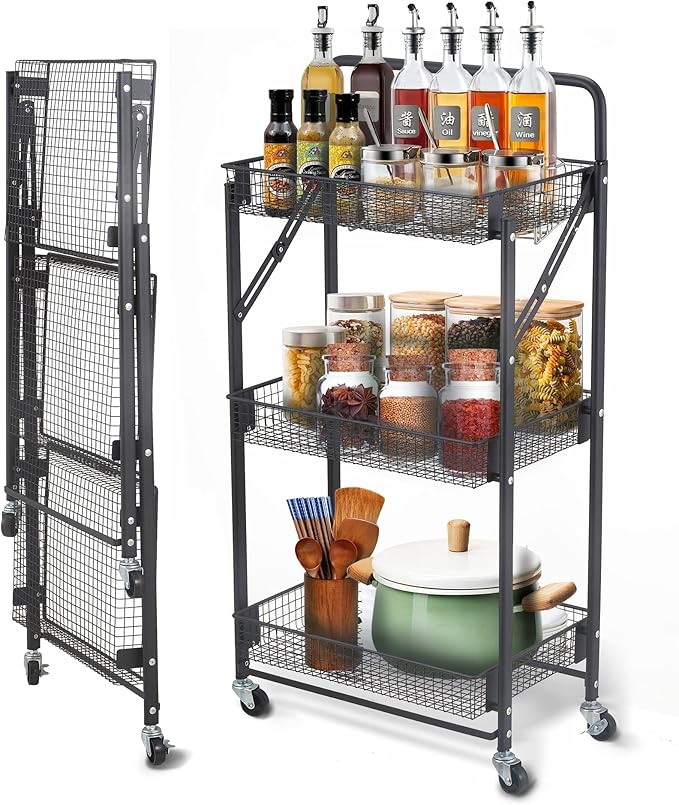 Folding Storage Rack 3-Tier Mesh Storage Shelf Portable Closet Shelving Unit with 360°Removable Wheels for Kitchen/Living Room/Bathroom/Laundry Room/Pantry/Garage/(Max Load Capacity 200 lb)