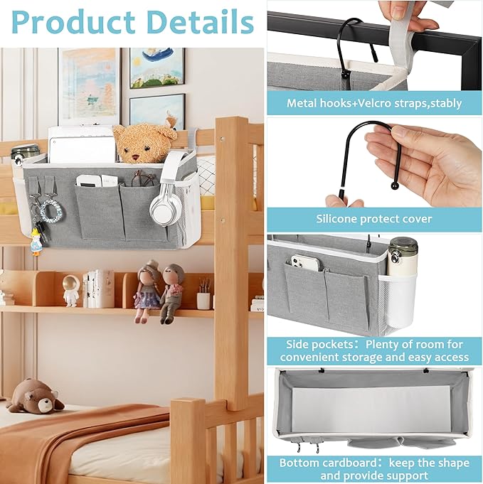 Loghot Bedside Caddy/Bedside Storage Bag Hanging Organizer for Bunk and Hospital Beds,Dorm Rooms Bed Rails,Can be Placed Glasses,Books,Mobile Phones,Keys (Grey)