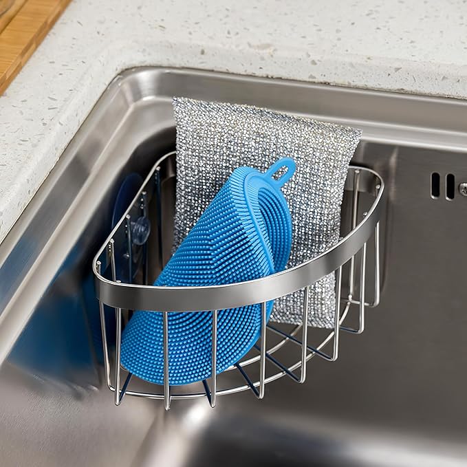 Veemoon Suction Corner Stainless Steel Caddy, Kitchen Sink Sponge Holders And Organizers No Drilling Corner Rack Movable Faucet Basket - Strong Adsorption - for Shower Bathroom Kitch, 6. 29x4. 52x3.
