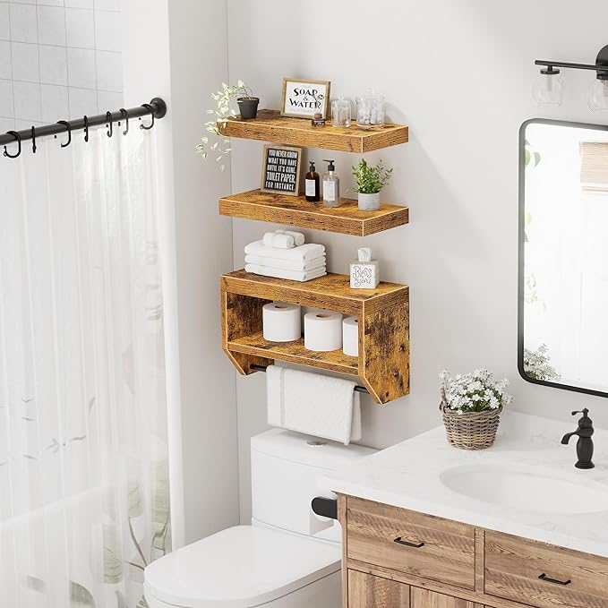 QEEIG Bathroom Floating Shelves for Wall - Shelf Over Toilet Paper Storage Farmhouse 16 inch Set of 3, Rustic Brown (028-40BN3)