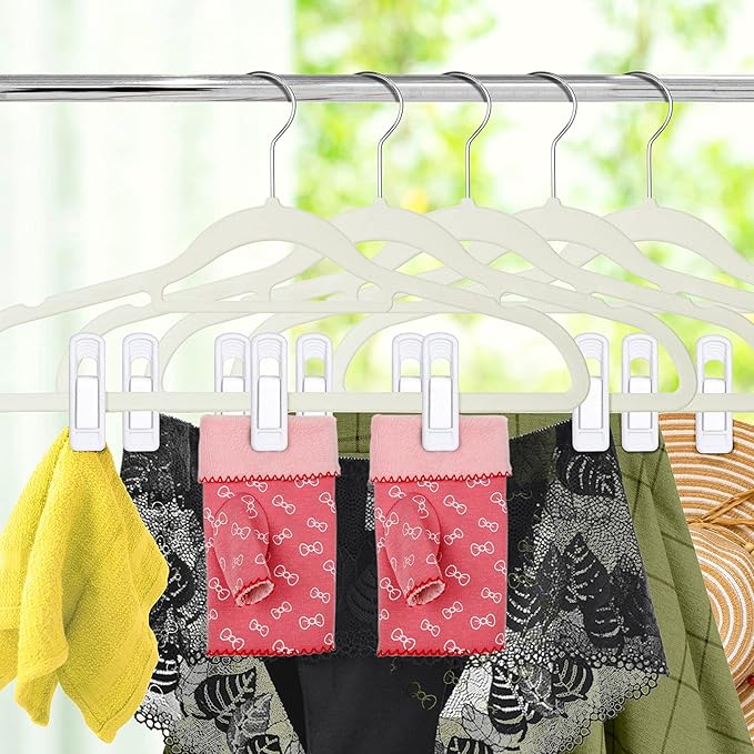 Tinfol White Velvet Hangers Clip - 24 Pack Pants Velvet Clips, Large Opening Clips, Strong Finger Flocked Clothes Pin Perfect for Slim-line Clothes Hanger