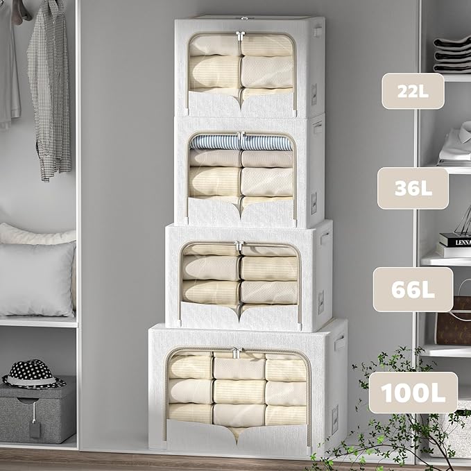FHSQX 3 Pack Clothes Storage Bins Foldable Metal Frame Storage Box Stackable Linen Fabric Container Organizer Set with Carrying Handles and Clear Window (Cream White, 15.7x11.8x7.8inch(22L))