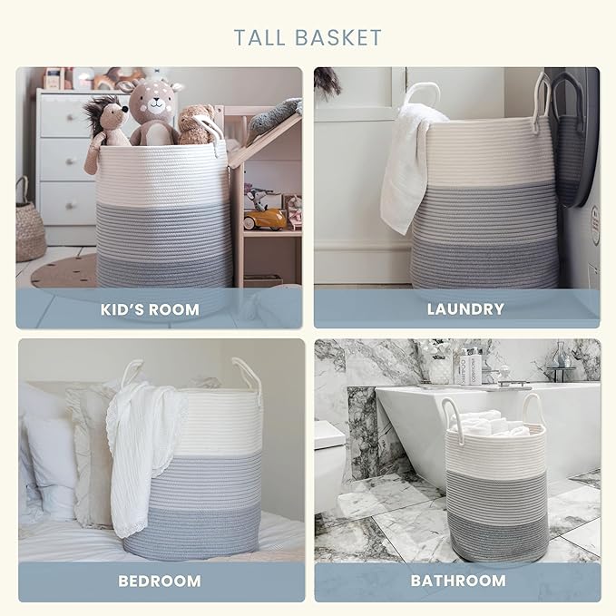 OrganiHaus Large Gray Woven Laundry Basket w/Handles 52L, Rope Dirty Clothes Hamper, Blanket Basket for Living Room, Baby Laundry Hamper for Nursery, Soft & Durable Decorative Organizer Bin