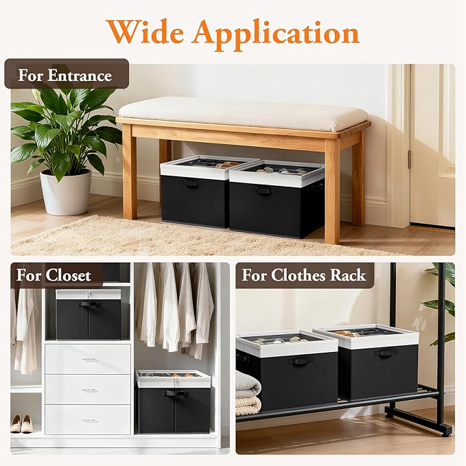 Shoe Organizer for Closet - 2 Packs Hold up to 32 Pairs, Large Shoe Storage Organizer Containers with Adjustable Dividers, Clear Cover, Leather Handles for Heels, Boots, Sneakers (Black)