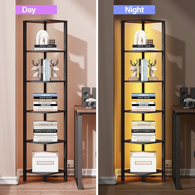 TUTOTAK Corner Shelf with LED Light, 6-Tier Corner Bookshelf for Small Space, Narrow Display Corner Shelf Stand with Storage Rack, for Living Room, Bedroom, Black BS08BK006L