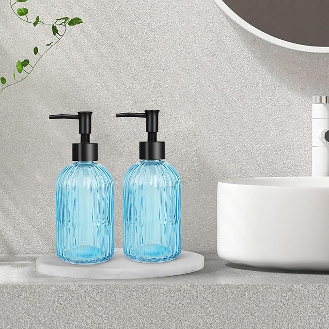 2 Pack Stripe Glass Soap Dispenser with Black Plastic Pump, 400ml Liquid Hand Soap Dispenser, Rustproof Pump for Kitchen & Bathroom, Great for Lotions, Essential Oil, Liquid Soaps- (Light Blue)
