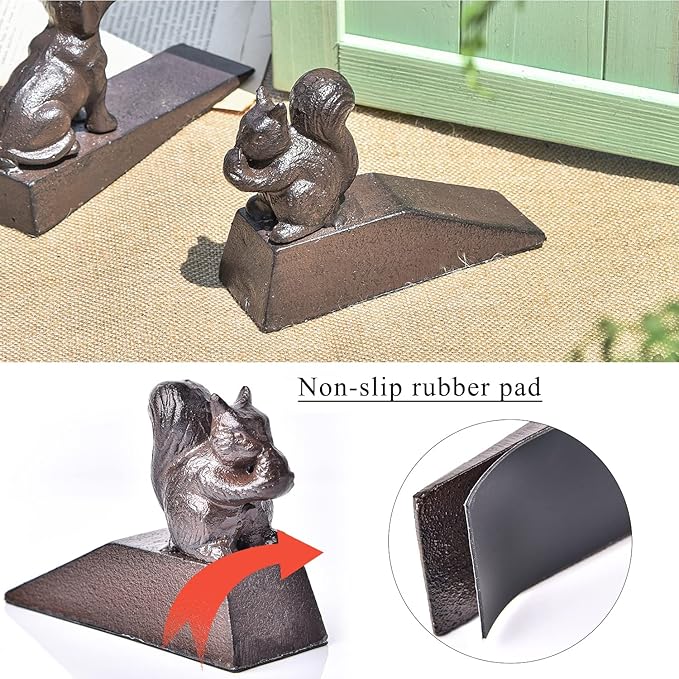 Sungmor Heavy Duty Cast Iron Squirrel Door Stops | Decorative Cute Animal Statue Metal Door Stopper Wedge with Non-Slip Mat | Solid & Antique Style Windproof Door Holder for Patio Garden Farmhouse
