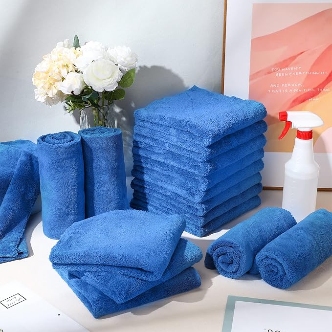 Shimeyao 30 Pcs 16 x 16 Inch Edgeless Microfiber Plush Towels for Cars Detailing Drying Wash Polishing Absorbent Cleaning Cloths, 500 GSM (Dark Blue)