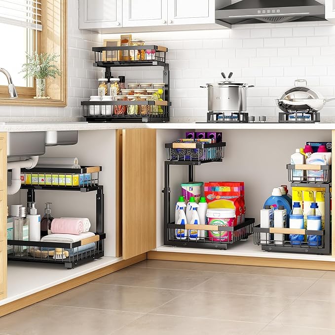 PXRACK 2 Pack Under Sink Organizer,Adjustable Height,2 Tier Pull Out Under Cabinet Organizer,Slide Out Thickened Metal Under Sink Storage for Kitchen Bathroom Laundry Cabinet Pantry,Black