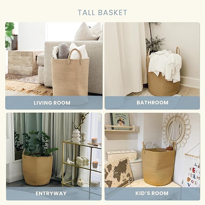 OrganiHaus Large Woven Laundry Basket w/Handles 52L, Rope Dirty Clothes Hamper, Blanket Basket for Living Room, Baby Laundry Hamper for Nursery, Soft & Durable Decorative Organizer Bin - Honey