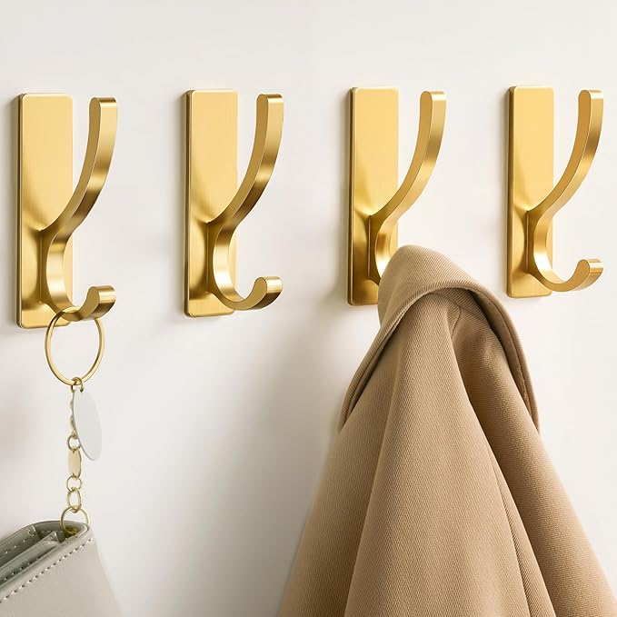 pickpiff Adhesive Wall Hooks for Towels - Sticky Hook Hanging Heavy Duty (13lb), Hanger for Door, Bathroom, Dorm, Closet - for Coats, Purse, Bag, Robe - No Damage to Wall - Gold 4 Pack
