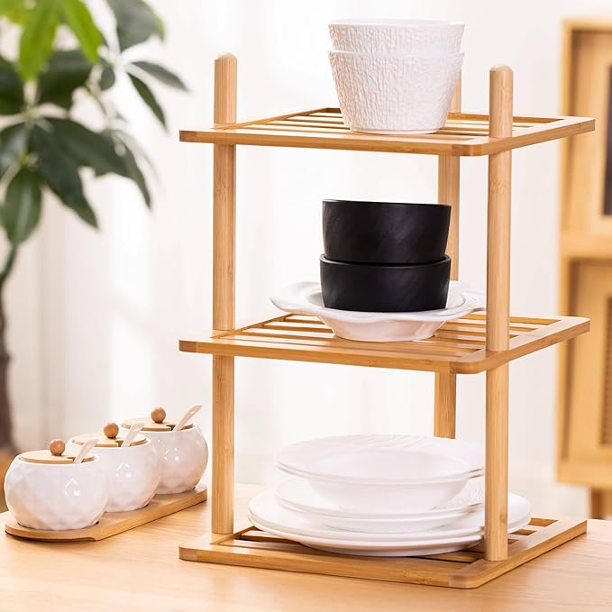 2Pcs 3-Tier Cabinet Organizer Shelf - Bamboo Corner Rack for Kitchen Counter, Cabinet Space Saver for Plates, Dishes, Bowls, Bread - Pantry and Bathroom Storage or Countertop (2, 3Tier-Large-6.7"H)
