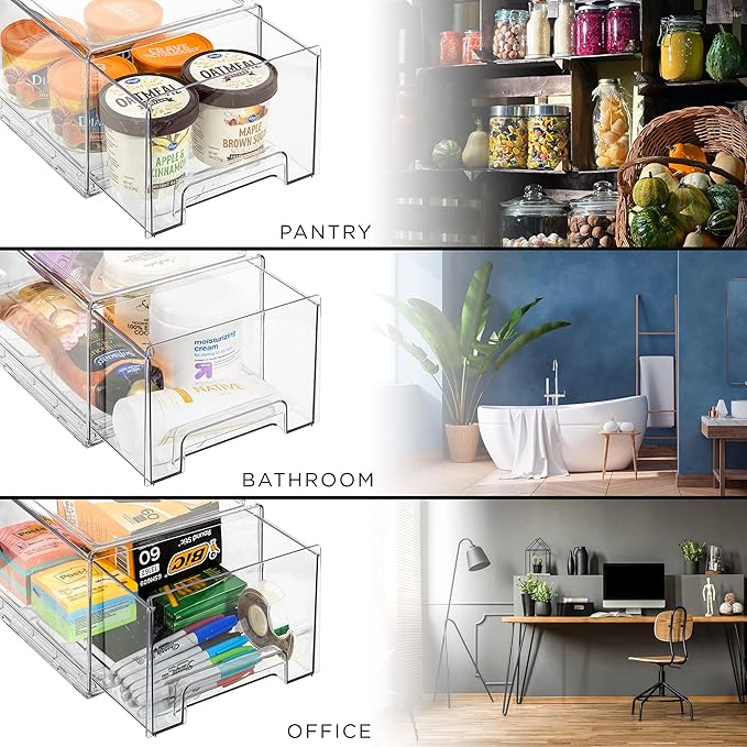 Sorbus Plastic Storage Bins Stackable Clear Pantry Organizer Box Bin for Organizing Kitchen Fridge, Food, Snack Pantry, Fruit, Vegetables, Bathroom, Wide & Narrow Deep (4 Pack)