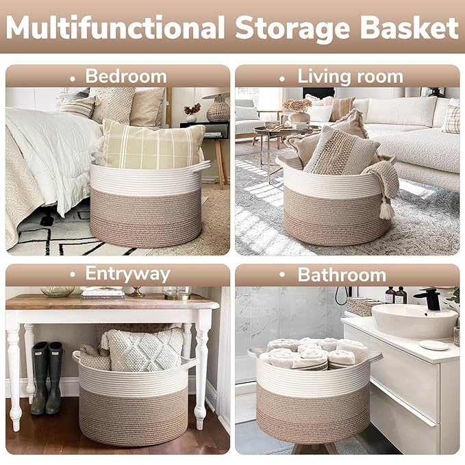 Goodpick Large Laundry Basket, Woven Rope Storage Basket for Blanket, Toy Bin for Baby Room, Nursery, Bedroom, Toys, 21.7'' x 13.8'', Light & Brown