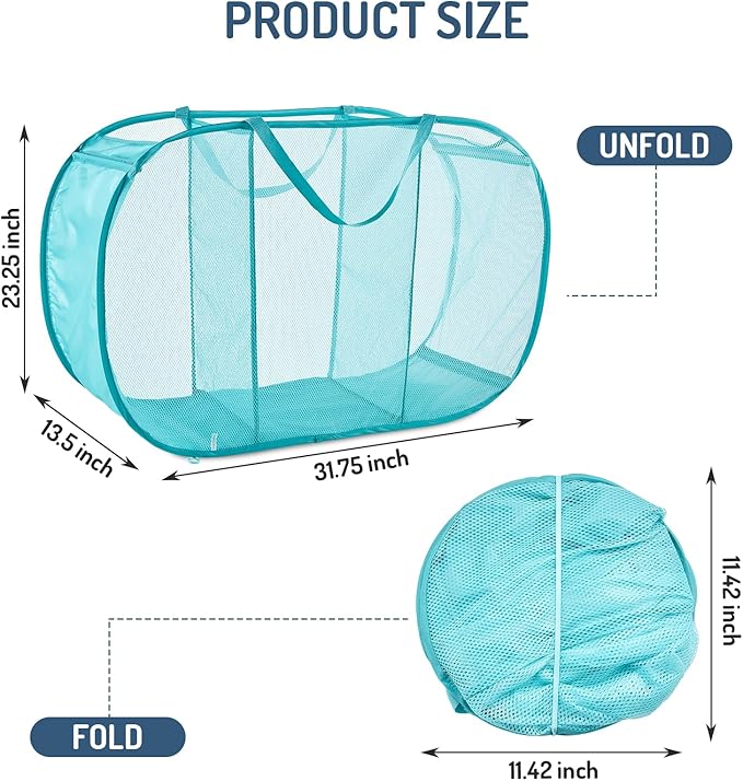 Mesh Popup Laundry Hamper 3 Compartment Sortable Horizontal Collapsible Laundry Basket for Clothes Laundry Room Bedroom Toys Travel (Turquoise Blue)