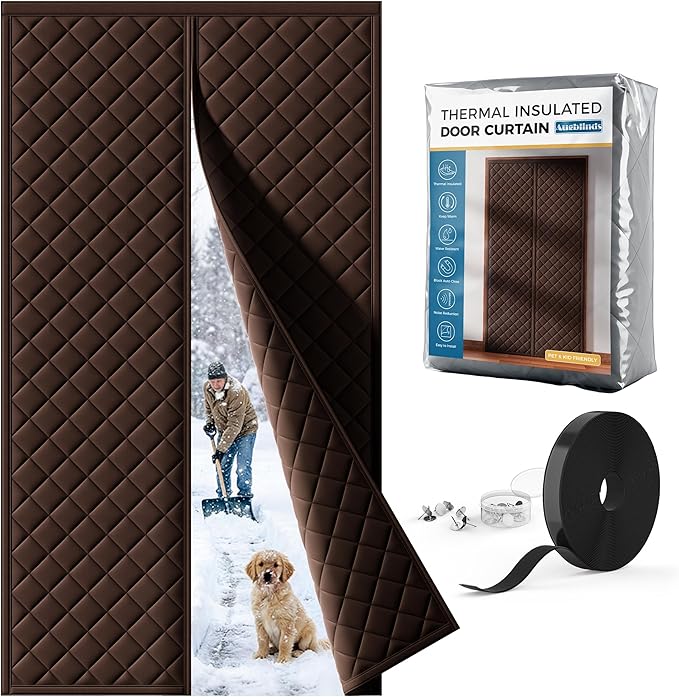 Magnetic Thermal Insulated Door Curtain Fits Door Size 36 x 82 Inch, Insulation Cover for Cold, Oxford Cloth Thicken Cotton Filled Blanket for Front Back Attic Door in Winter, Brown