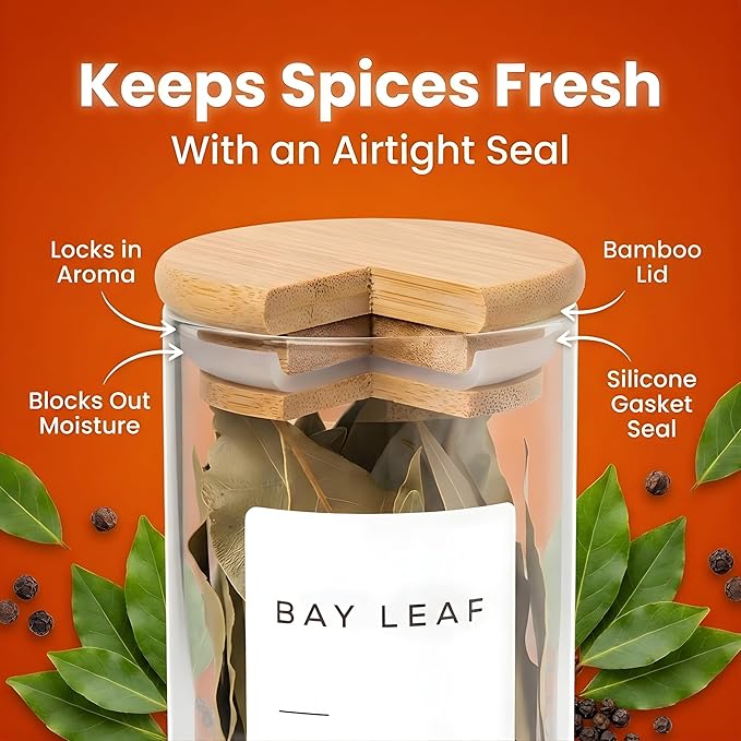Empty Spice Jars with Label Pack (12x Bamboo Lid Glass Jar). Small 6oz Spice Storage Bottles with 112 Printed Stickers and 48 Writable Pantry Labels for Seasoning Containers