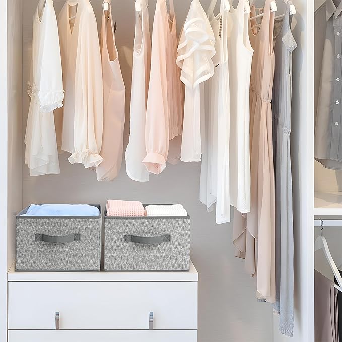 11 inch Storage Baskets, Woven Fabric Bins, Storage Cubes with Reinforced Handles, Organizer Bins for Closet Shelves, Foldable, for Clothes (Gray, 4PCS/11*11*7.8inch)