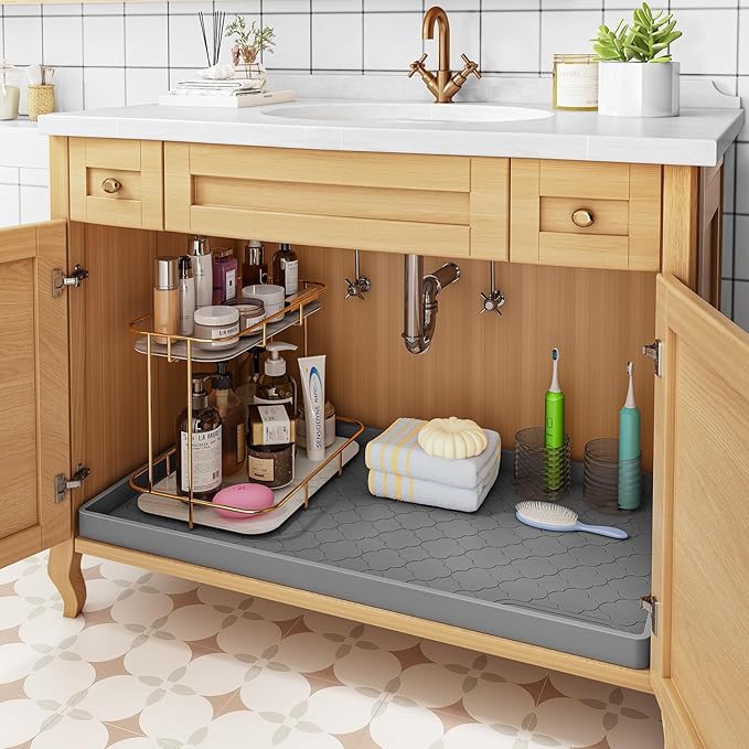 Jin&Bao Waterproof Under Sink Mat 34" x 19", Thick Silicone Mat Cabinet Protector for Kitchen and Bathroom, Shelf Liner, Home Organizer and Storage, Multipurpose Tray for Gadgets and Essentials