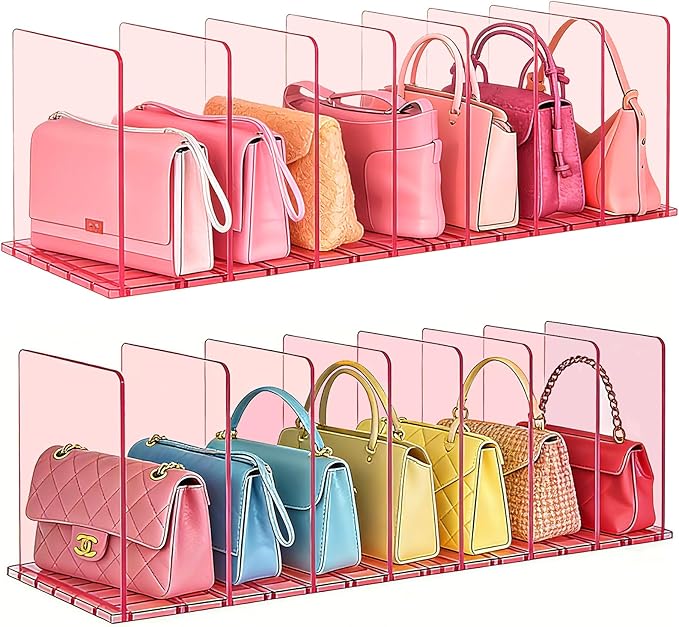 Purse Organizer for Closet: Shelf Dividers Adjustable Acrylic Bag Closet Organizers and Storage Pink 4 Bases 14 Shelves