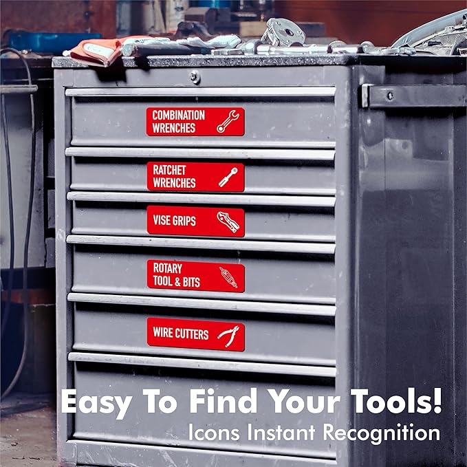 90 PCS Magnetic Toolbox Labels, 82 Pre-Printed & 8 Blanks Large Size Tool Chest Organizer Labels Strong Magnetic & Easy to Read Printing Fits All Brands of Steel Tool Box Drawers (Red, 3.5” x 1”)