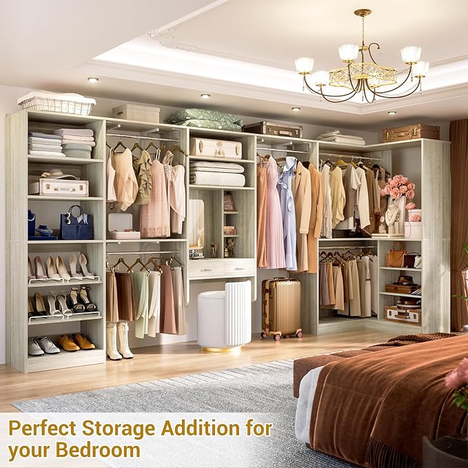 Unikito Closet System with Vanity Desk, 156”Modular Corner Closet Organizer System with Hanging Rods & Adjustable Shelves, Freestanding Wood Wardrobe Organizer, Sturdy Walk in Closet Tower, White Oak