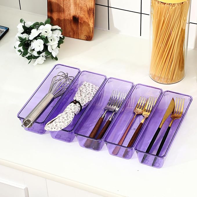 Maitys 12 Pcs Clear Drawer Organizer 9 x 3 x 2 Inches Plastic Rectangle Trays Makeup Vanity Storage Bins and Kitchen Drawers Dividers for Office Desk Silverware Kitchen Utensils(Purple)