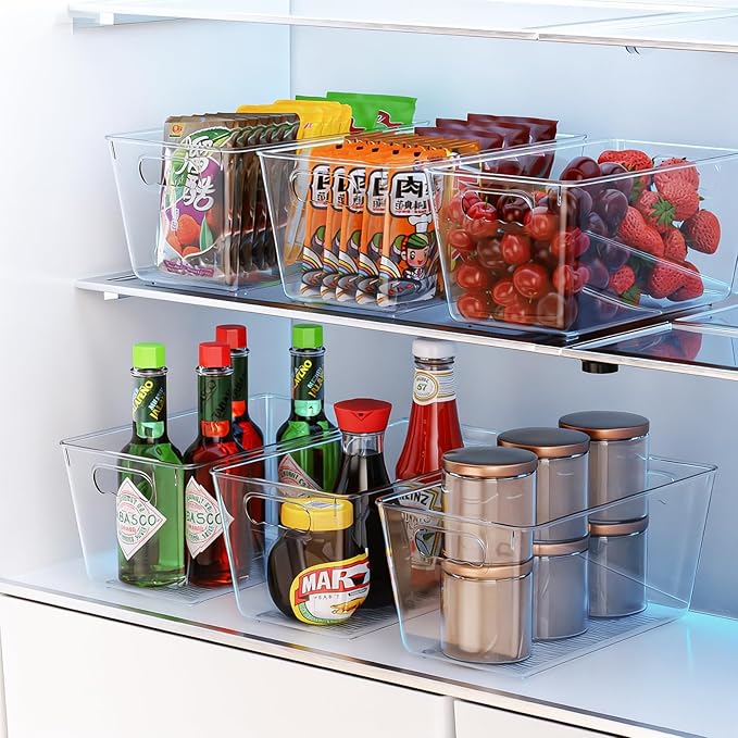 KJIXYUNG 6 Pack Clear Pantry Organizer Bins, Fridge Organiser Set, Plastic Containers with Handle,Home Organization Must Haves for Kitchen,Freezer,Cabinet,Closet,Bathroom Under Sink Storage