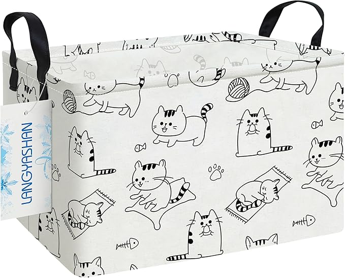 LANGYASHAN Rectangular Storage Bin Collapse Canvas Fabric Cartoon Storage Basket with Handles for Organizing Home Kitchen Boys and Girls Toys Office Closet Shelf Baskets (Rec Cat)