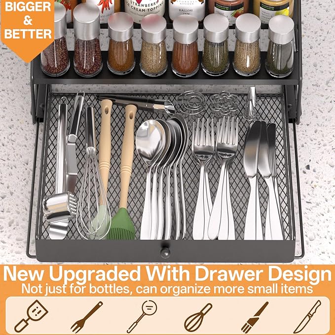 Spice Rack Organizer for Cabinet: 4 Tier Adjustable Spice Rack Organization with Drawer, Depth Metal Shelf for Kitchen Countertop, Cupboard, Pantry, Holds Seasoning and Condiments (Black)