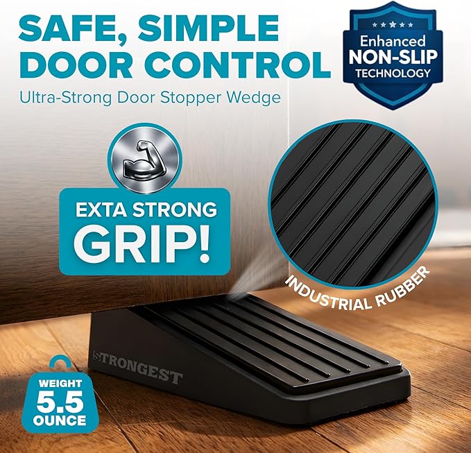 Strongest Home Heavy Duty Door Stop Wedge Made of Premium Quality Zinc and Rubber Suits Any Door, Any Floor. Set of 4 and Additional Self-Adhesive Wall Protectors