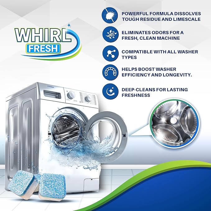 Washing Machine Cleaner Tablets, 24 Pack–Deep Cleaning Tablets for Top & Front Load HE Washer Cleaners, Descaler & Deodorizer, Septic Safe, Cleans Drum, Tub, Seal & All Internal Parts
