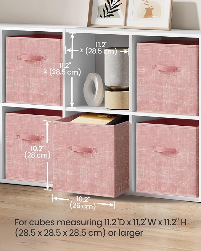 SONGMICS Storage Cubes, 11-Inch Non-Woven Fabric Bins with Double Handles, Set of 6, Closet Organizers for Shelves, Foldable, for Clothes, Jelly Pink UROB026R01