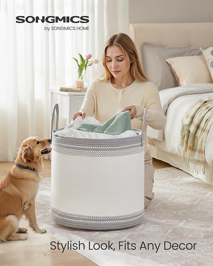 SONGMICS Laundry Hamper, Cotton Rope Laundry Basket with Handles, for Clothing, Living Room, Bedroom, 23.8 Gallons, 19.7 x 19.7 x 18.1 Inches, Cloud White and Dove Gray URLH090G01