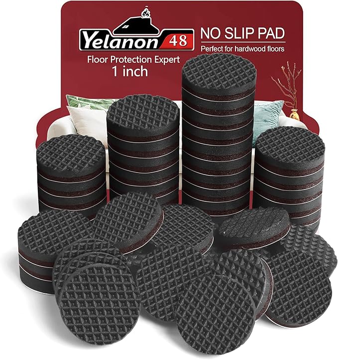 Yelanon Non Slip Furniture Pads - 48 pcs 1" Felt & EVA Furniture Grippers, Black, Round, Anti Slide Hardwood Floor Protector