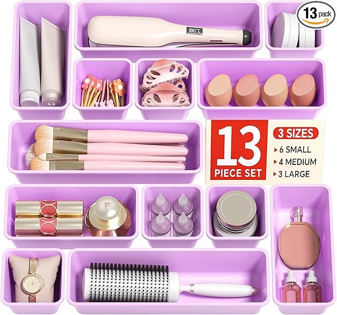 13 Pack Plastic Drawer Organizers Set, 3 Sizes Desk Drawer Organizer Trays for Vanity and Makeup Organizer, Organization and Storage for Makeup, Kitchen Utensils, Bathroom and Office(Purple)