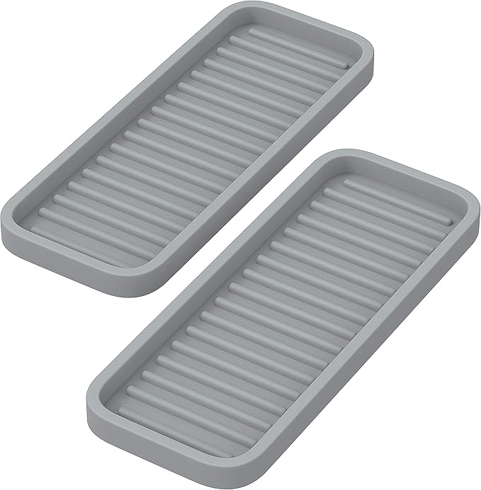 ZAPPOWARE Silicone Kitchen Sink Caddy Sponge Holder 9x3.5 (2-pack) Gray - Bathroom Vanity Tray Organizer, Kitchen Soap Tray for Dish Scrubber, Soap Dispenser and Sponge