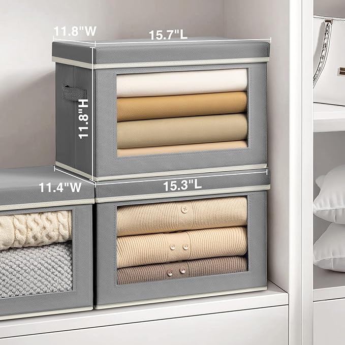 Storage Bins with Lids, 3 Pack Large Storage Cubes with Window, Closet Bins with Lids & Handles, Fabric Box for Organizing Clothes, Towels, Books, Grey