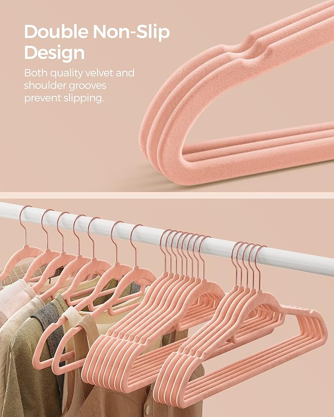 SONGMICS Velvet Hangers, Set of 30 Clothes Hanger with Rose Gold Swivel Hook, Non-Slip, and Space-Saving, 0.2-Inch Thick, 17.1-Inch Long for Coat, Shirt, Dress, Pants, Tie, Coral Pink UCRF21PK30