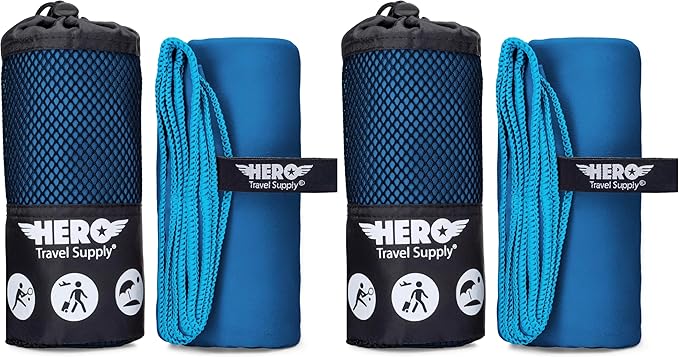 Hero Microfiber Large Beach Towel Compact for Travel (Blue, 40" x 72") (Pack of 2)