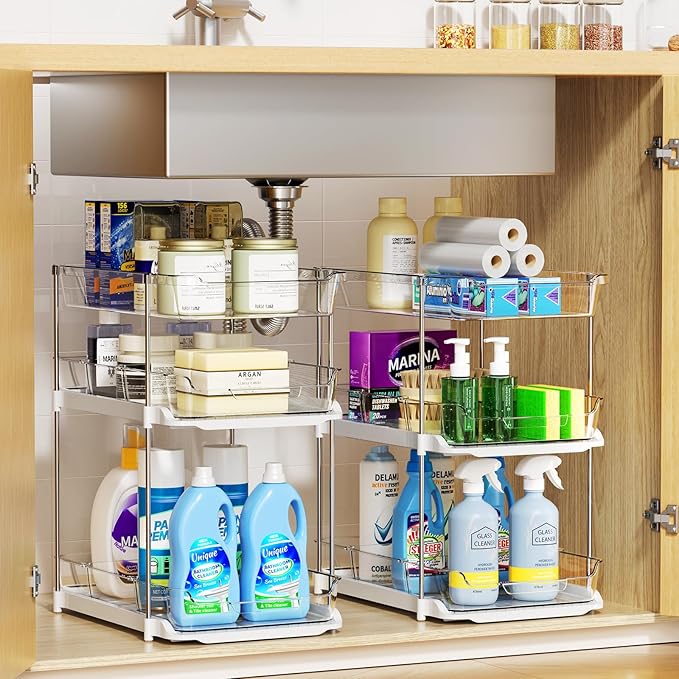 LAMU 2 Pack Bathroom Organizers and Storage, 3-Tier Stackable Under Sink Storage with Pull-Out Drawers & Dividers, Medicine Cabinet Organizer for Kitchen Pantry Organization | 2 Pack, Stackable, Pull-Out Drawers, Dividers