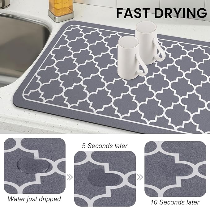 WISELIFE Dish Drying Mat Super Absorbent Drying Mat Large Dish Drying Mats for Kitchen Counter Easy Clean Dish Mat Kitchen Drying Mat18"x 36" Stylish Grey