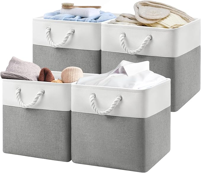 13x13x13 Cube Storage Bins,4 Pack Large Foldable Fabric Storage Cubes with Handles for Organizing Home, Closet, Shelf, Office(White&Gray)