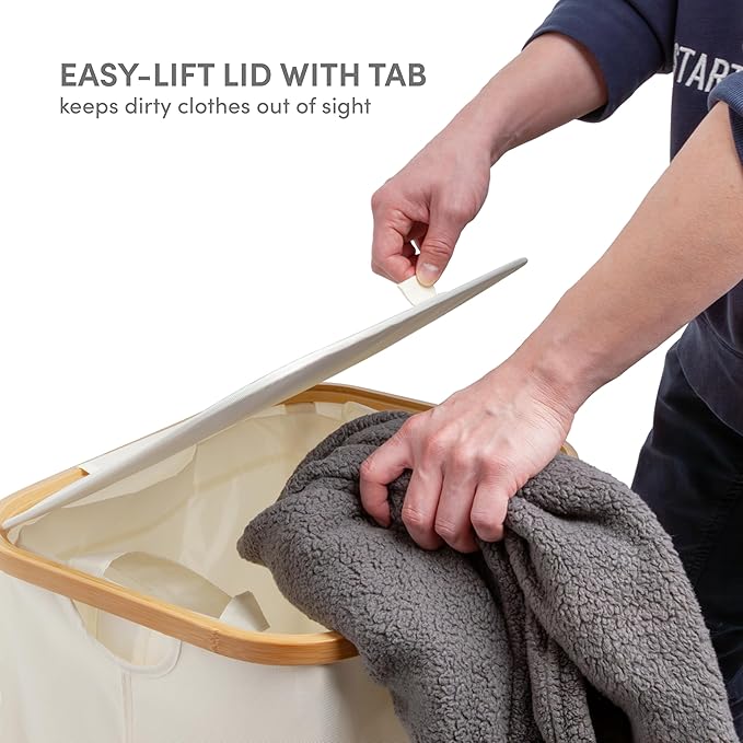 QUALIAZERO 120L Dual Laundry Hamper with Lid – 2-Section Bamboo Frame Hamper with Removable Bags & Easy-Lift Cover, Large Capacity for Families, Bathroom or Bedroom (FEATHER CREAM, DUAL)