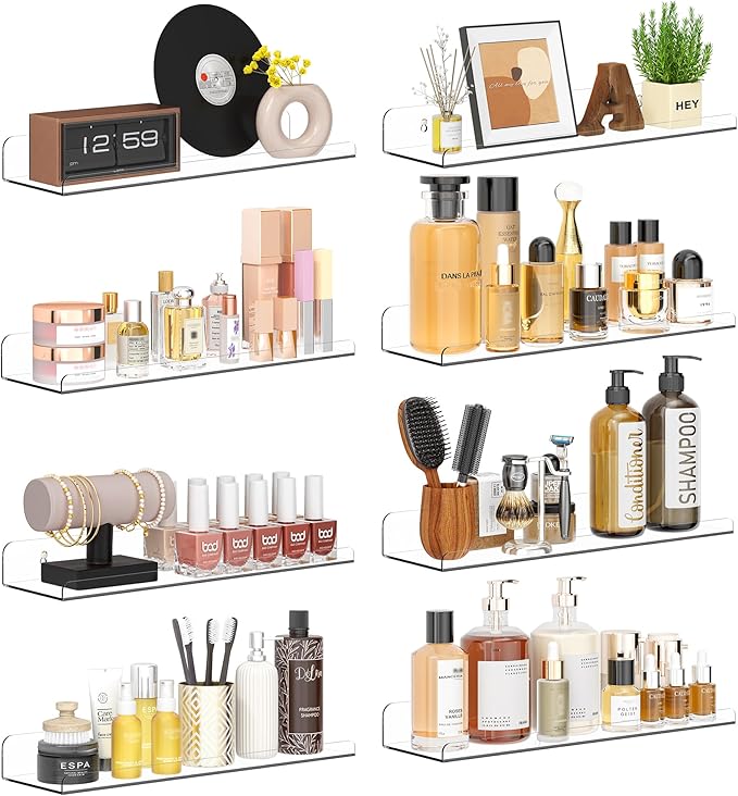 Floating Shelves for Wall Decor, 15" Extra Clear Wall Shelves for Bedroom, Living Room, Kitchen, Bathroom Decor, Nail Polish/Book/Decoration/Makeup/Perfume Organizer Floating Shelf-8Pack