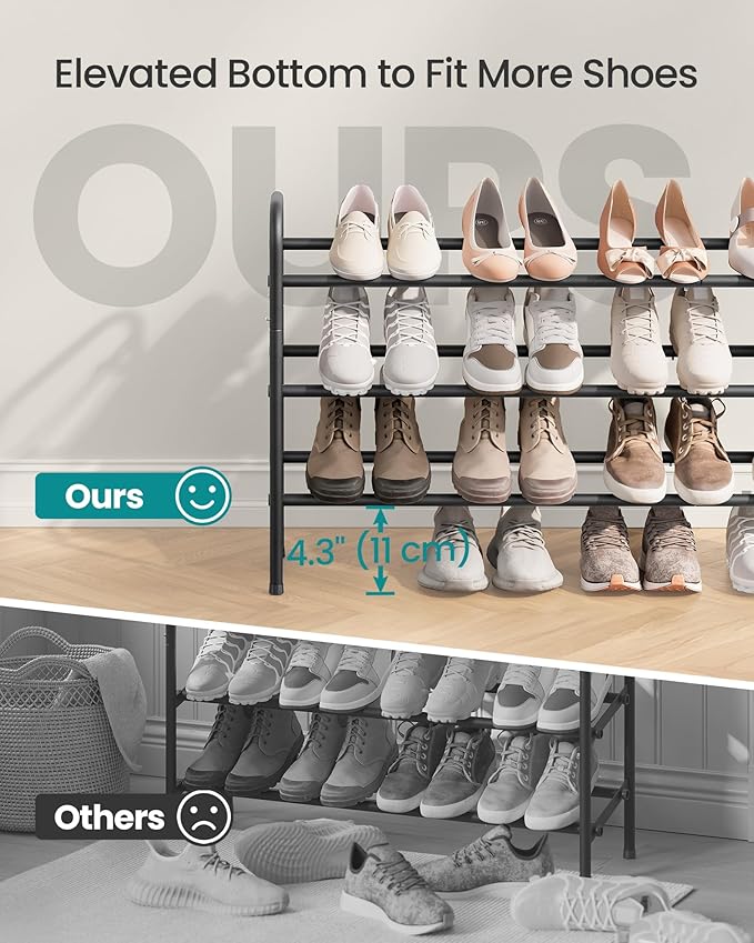 SONGMICS Expandable Shoe Rack, 3 Tier Shoe Rack Shelf, Adjustable Shoe Organizer Storage for 20 Pairs of Shoes, Metal Free Standing Shoe Racks for Closet, Front Door Entryway, Easy Assembly, Ink Black