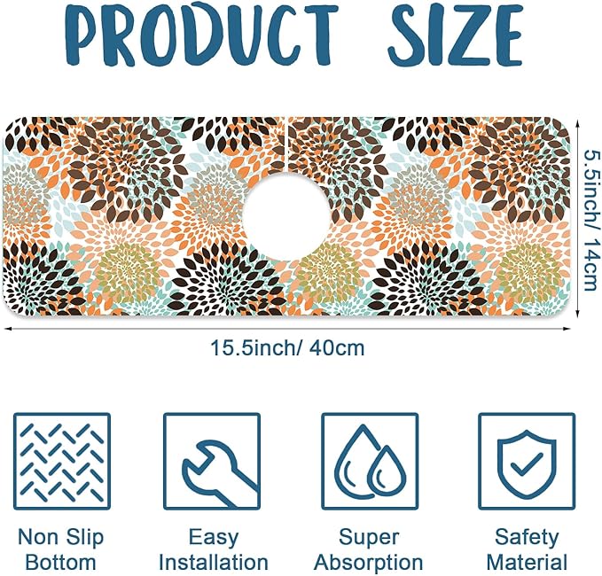 Vintage Flowers Kitchen Sink Splash Guard Faucet Mat Abstract Floral Super Absorbent Fast Drying Mat Sink Splash Guard Behind Faucet for Kitchen Bathroom, 15.5"x5.5"