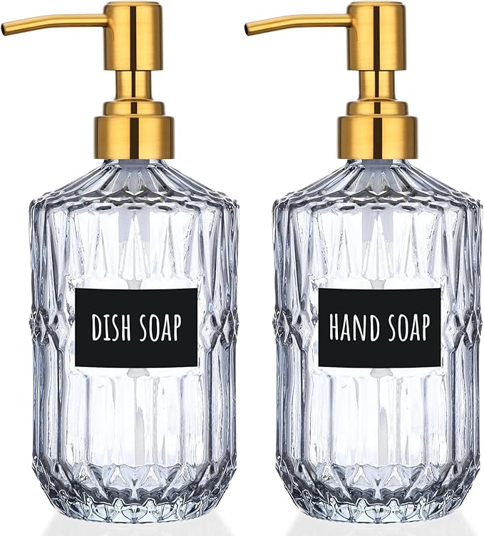 Segbeauty 15.2oz Glass Soap Dispenser Bathroom Bottle, 2pcs Gray Shampoo and Conditioner Dispenser with Labels, 450ml Pump Bottle for Kitchen, Lotion Cream Container with Golden Stainless Steel Pump