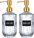Segbeauty 15.2oz Glass Soap Dispenser Bathroom Bottle, 2pcs Gray Shampoo and Conditioner Dispenser with Labels, 450ml Pump Bottle for Kitchen, Lotion Cream Container with Golden Stainless Steel Pump