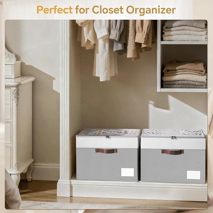 Criusia Shoe Organizer for Closet, 2 Pack Foldable Shoe Storage Organizer Box Bin with Adjustable Dividers and Clear Cover, Closet Shoe Storage for Sneakers Sandals Boots, Fit 16-32 Pairs, Gray